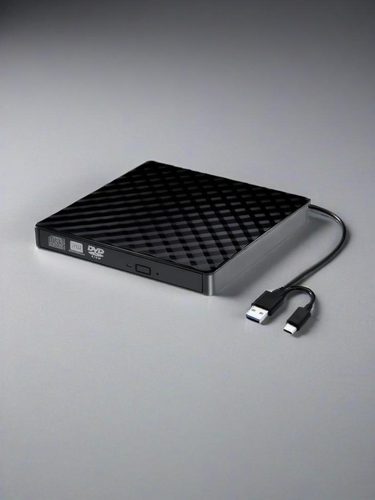 Elegant External DVD Drive, demonstrating wide compatibility and high-speed performance, ideal for burning and reading CDs and DVDs on various operating systems including OS, Windows, and Linux.